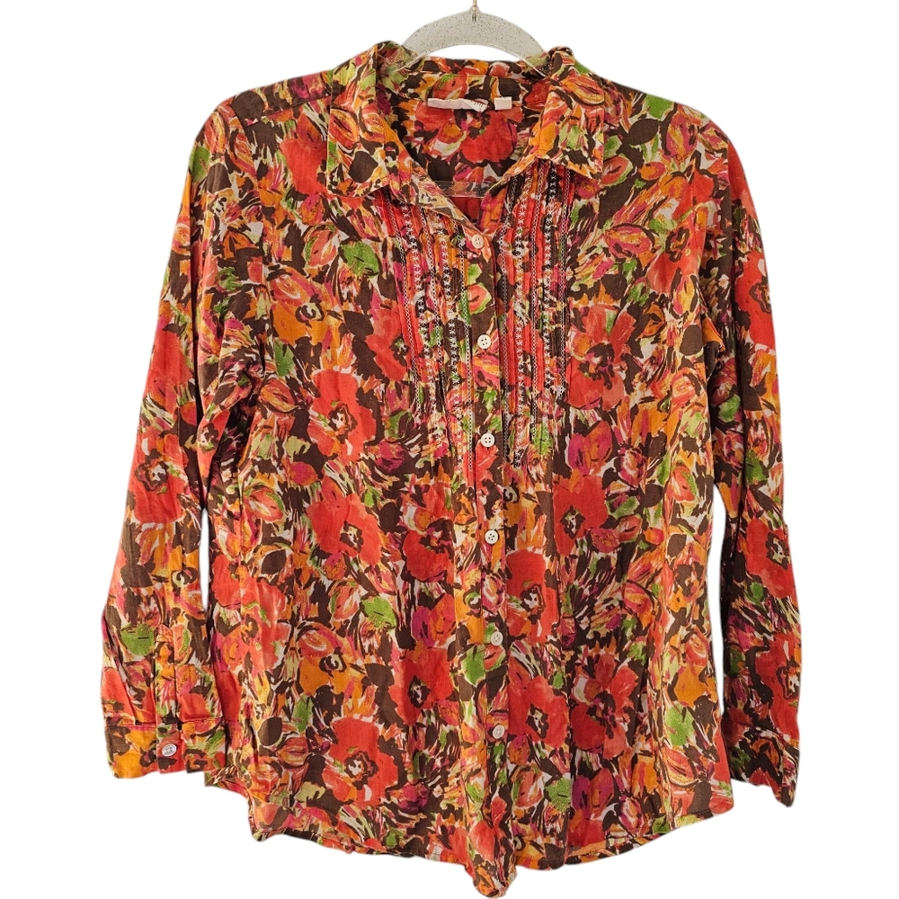 J.‎ Jill Uncommon Threads Womens Button Down Blouse Watercolor Small Cotton